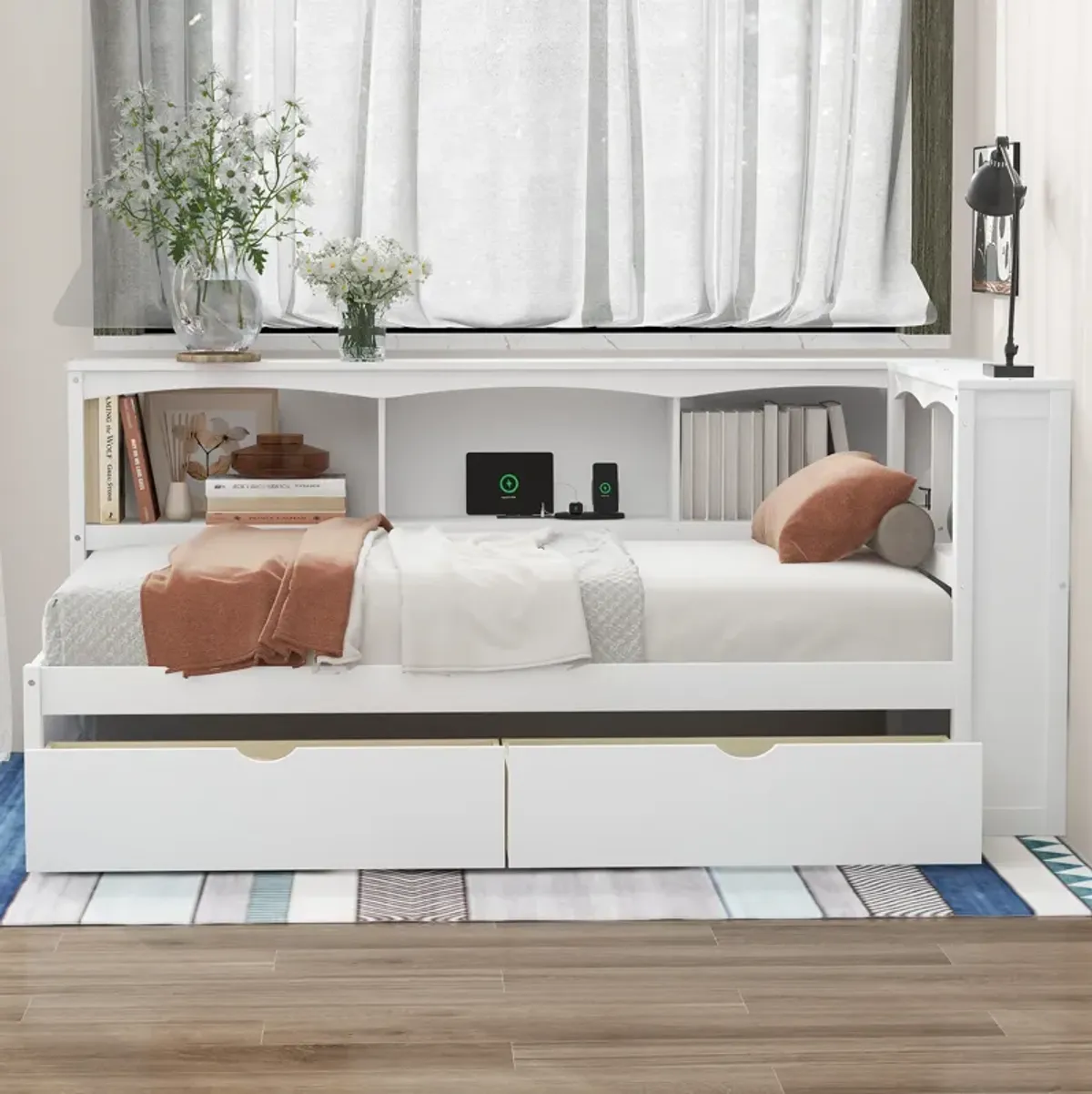 Whisen Twin Size Daybed with Two Storage Drawers, Storage Cabinets and USB Ports