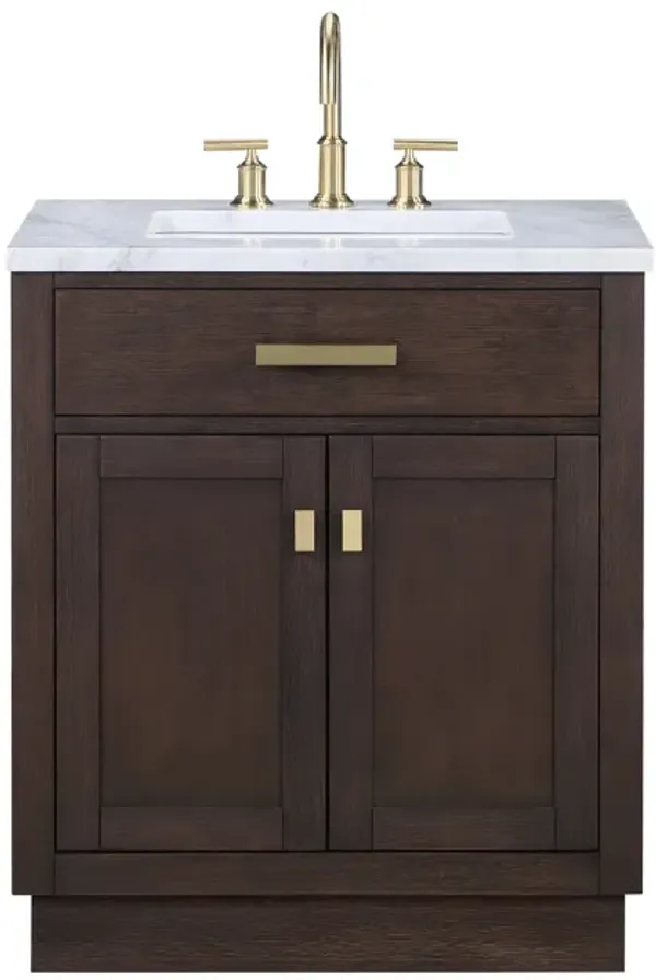 Chestnut 30 In. Single Sink Carrara White Marble Countertop Bath Vanity In Brown Oak with Satin Gold Hardware