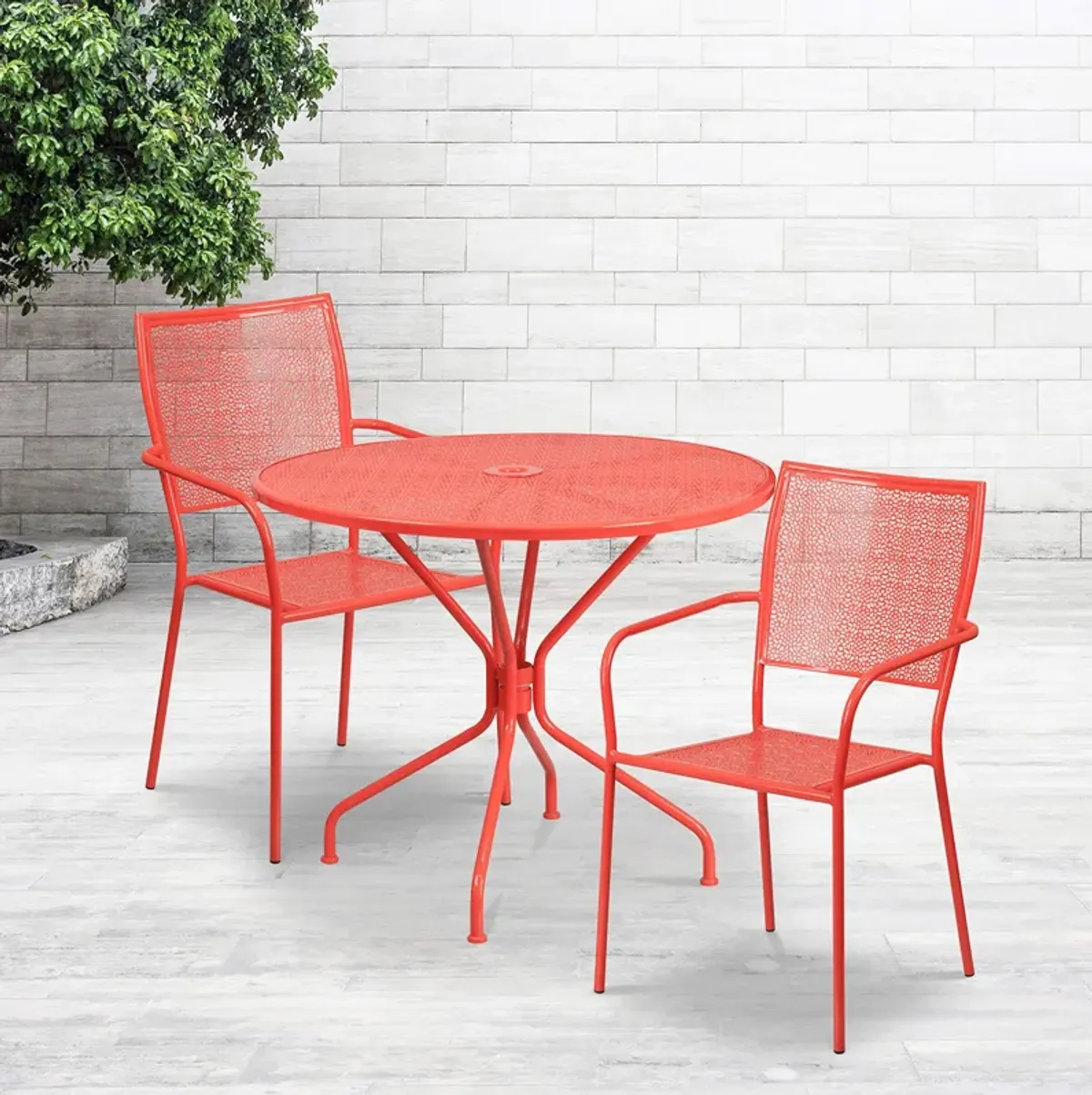 Flash Furniture Commercial Grade 35.25" Round Coral Indoor-Outdoor Steel Patio Table Set with 2 Square Back Chairs