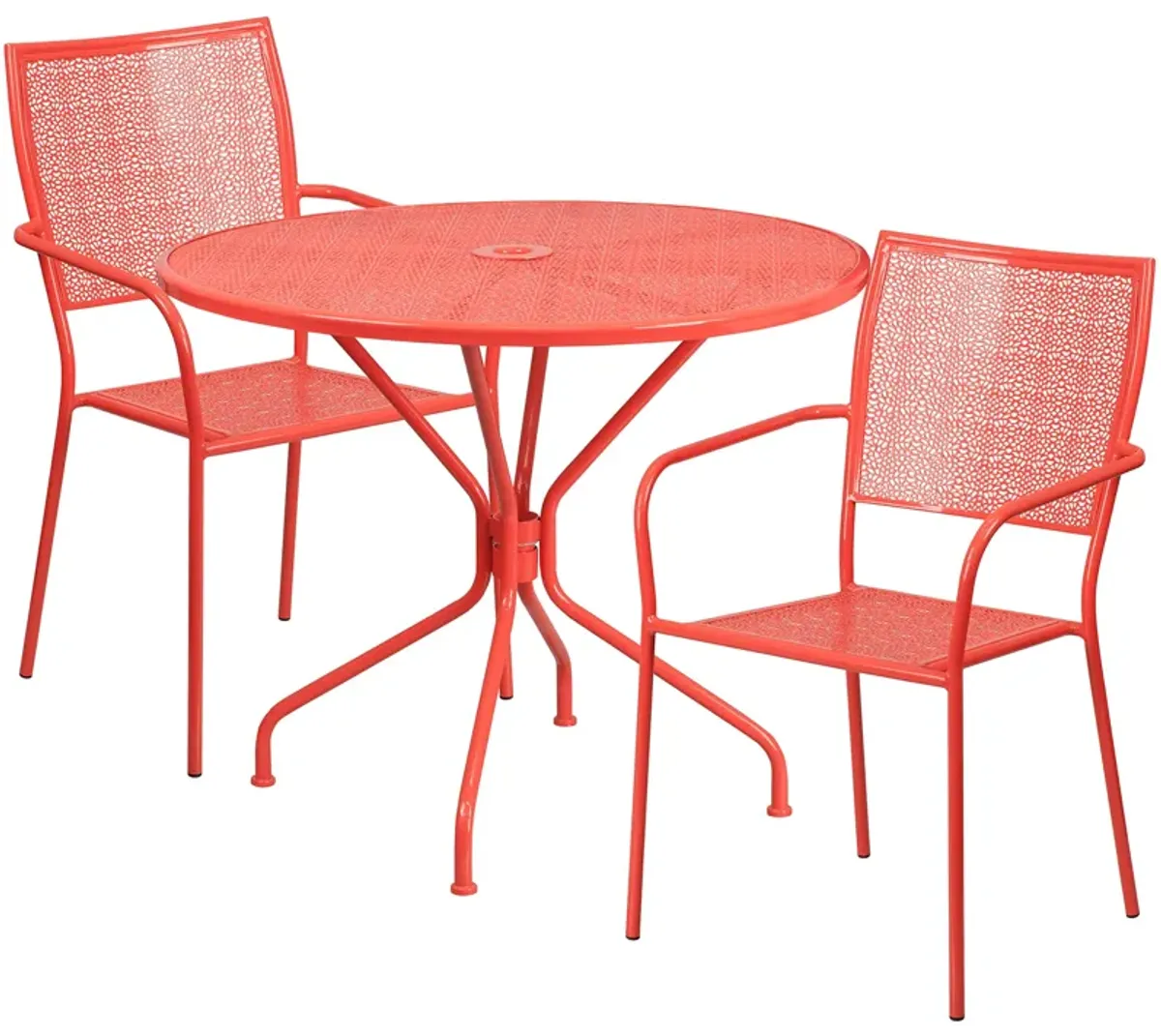 Flash Furniture Commercial Grade 35.25" Round Coral Indoor-Outdoor Steel Patio Table Set with 2 Square Back Chairs