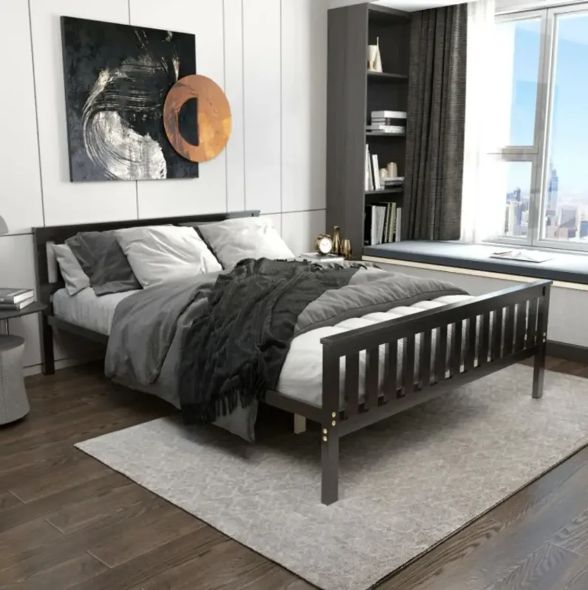 Hivvago Twin/Full/Queen Size Wood Platform Bed with Headboard