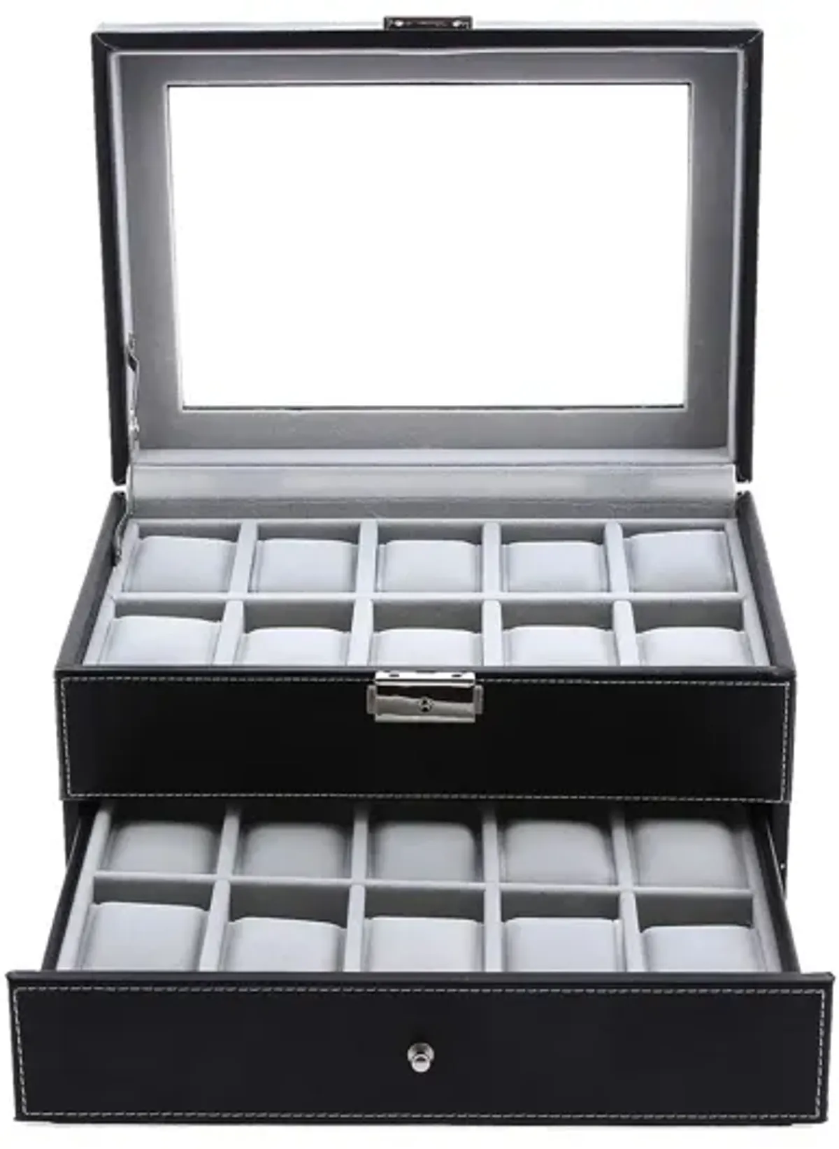 20-Slot Watch Storage Box with Glass Display Lid and Secure Lock