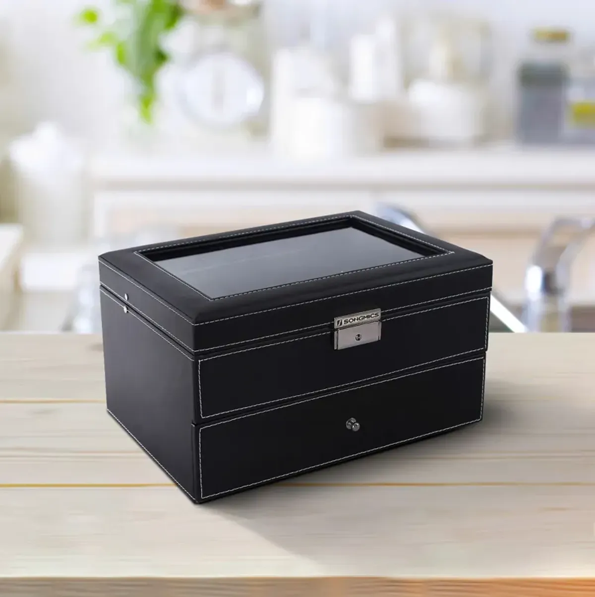 20-Slot Watch Storage Box with Glass Display Lid and Secure Lock