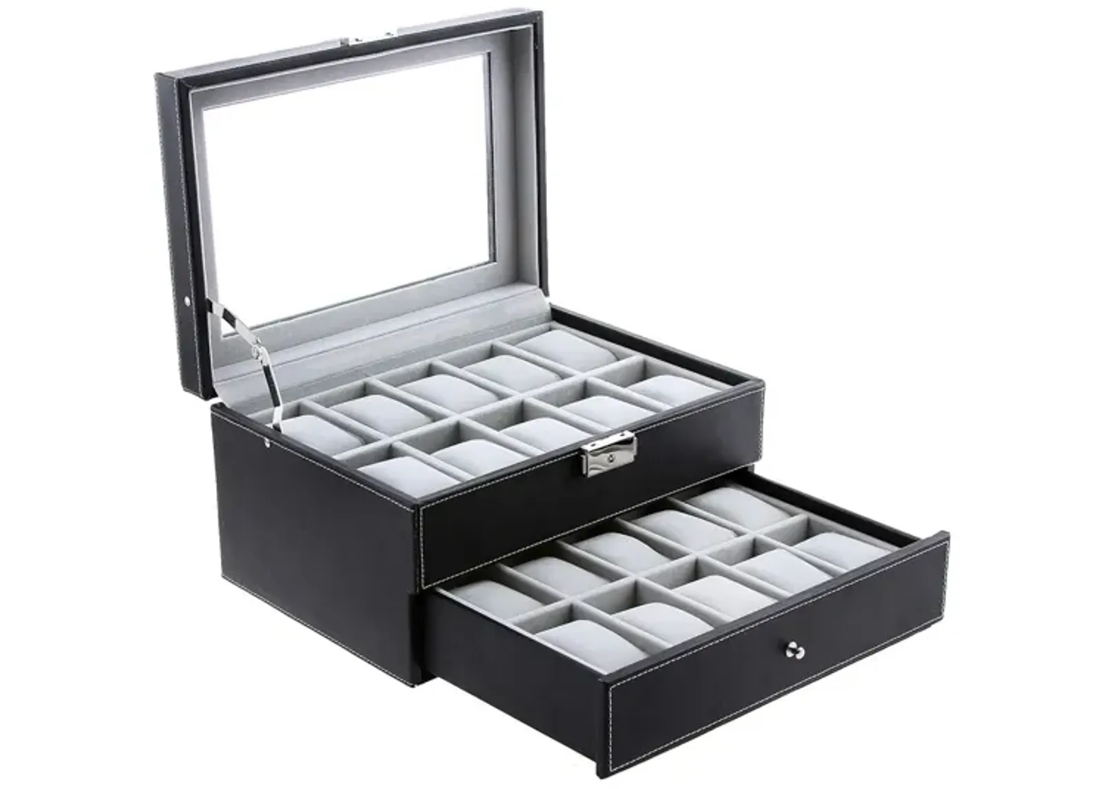 20-Slot Watch Storage Box with Glass Display Lid and Secure Lock