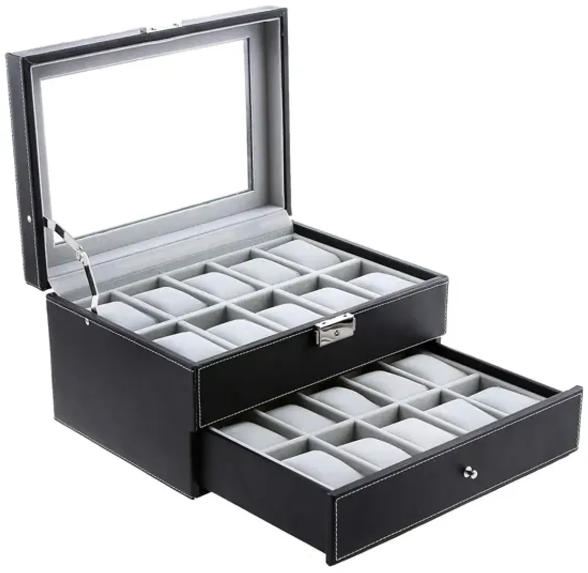 20-Slot Watch Storage Box with Glass Display Lid and Secure Lock