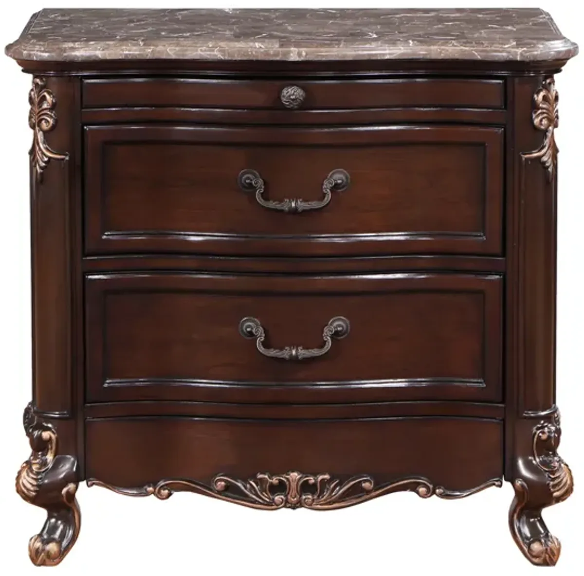 Leon 32 Inch 2 Drawer Nightstand, Carved Details, Marble Surface, Brown - Benzara