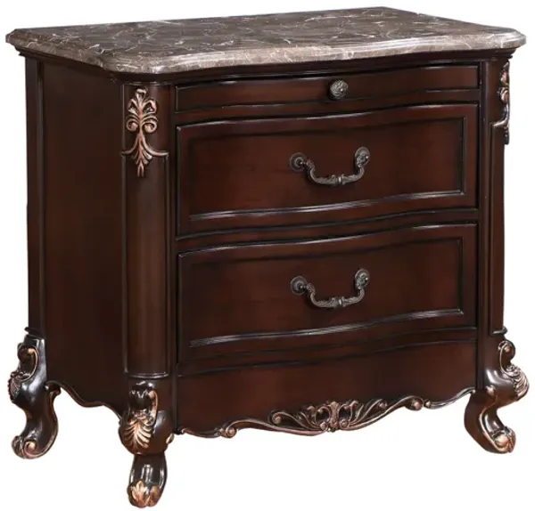 Leon 32 Inch 2 Drawer Nightstand, Carved Details, Marble Surface, Brown - Benzara