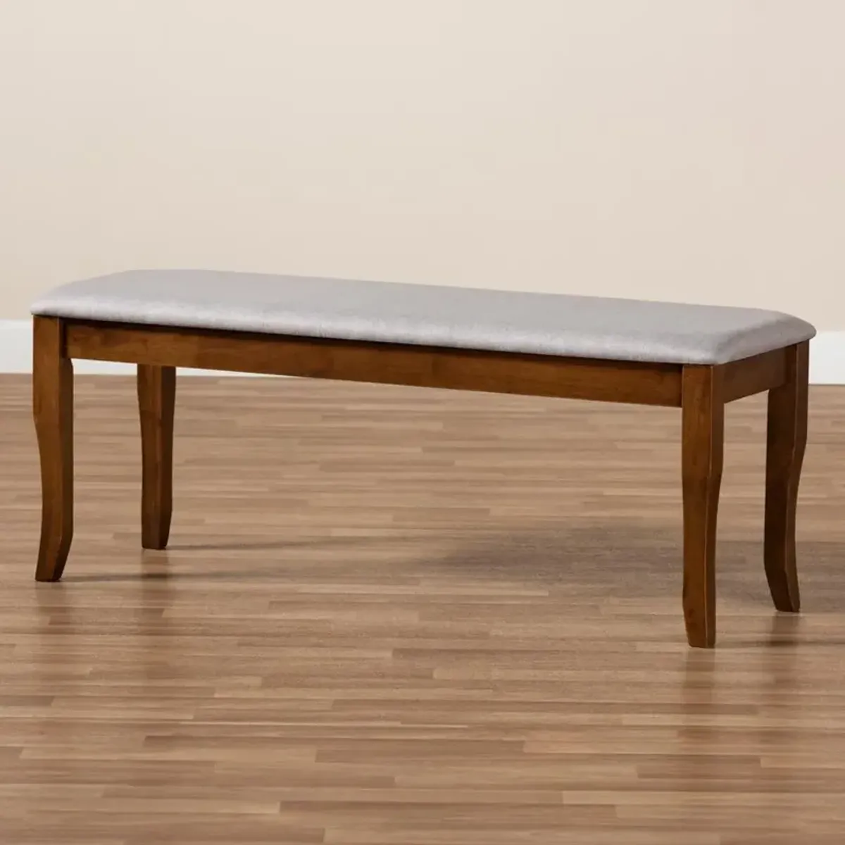 Transitional Grey Fabric Upholstered and Walnut Brown Finished Wood Dining Bench