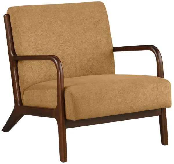Arril Accent Chair, Soft Honey Orange Fabric Cushions, Dark Brown Wood - Benzara