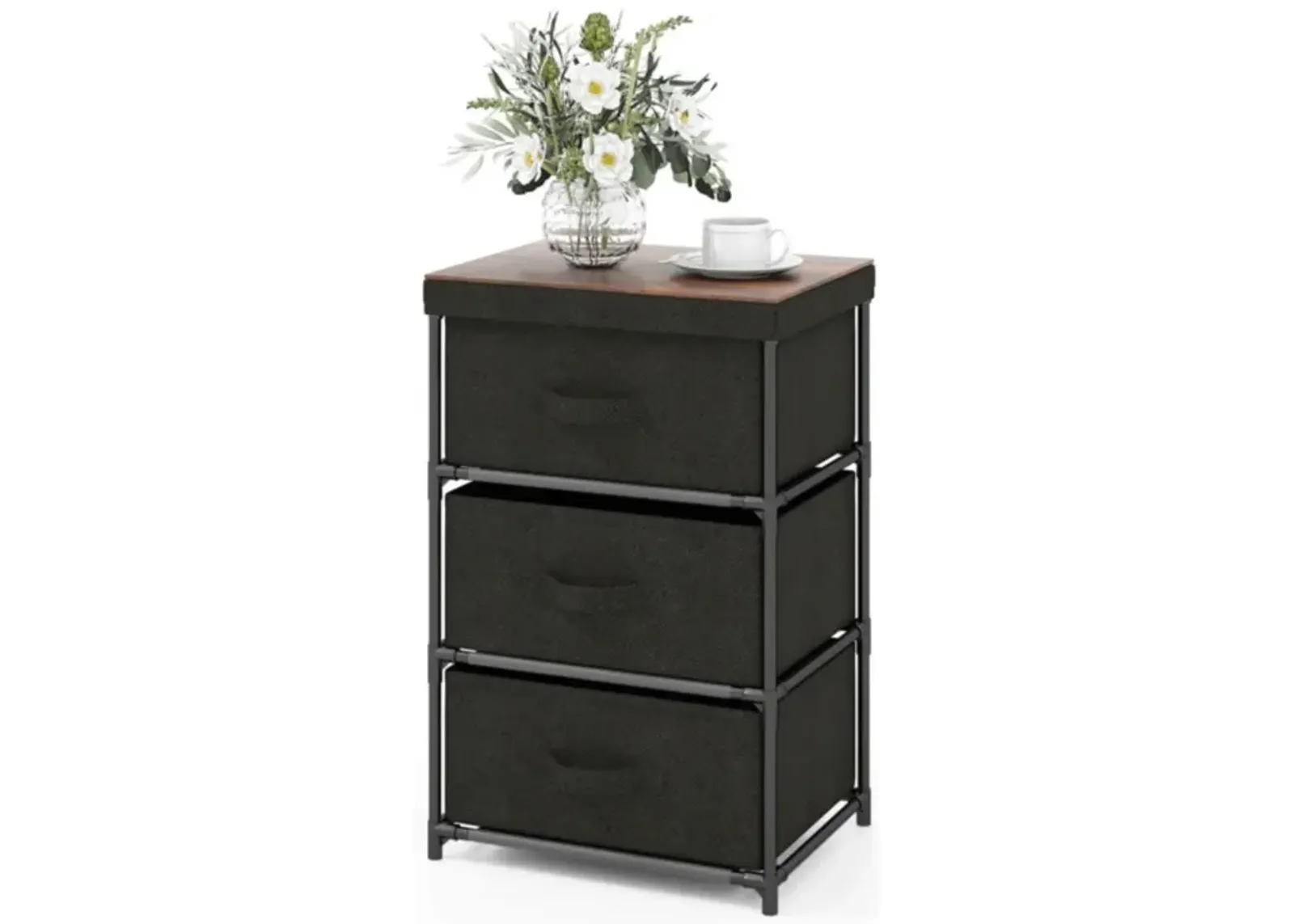 Hivvago 3-Tier Fabric Nightstand with Sturdy Metal Frame-Black