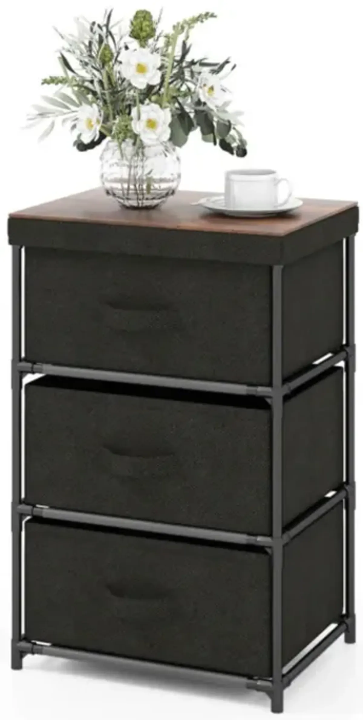 Hivvago 3-Tier Fabric Nightstand with Sturdy Metal Frame-Black