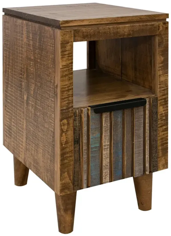 Benjara Texu 26 Inch Chairside Table, Pine Wood, 1 Drawer, Open Shelf, Brown, Blue, Multicolor and Black