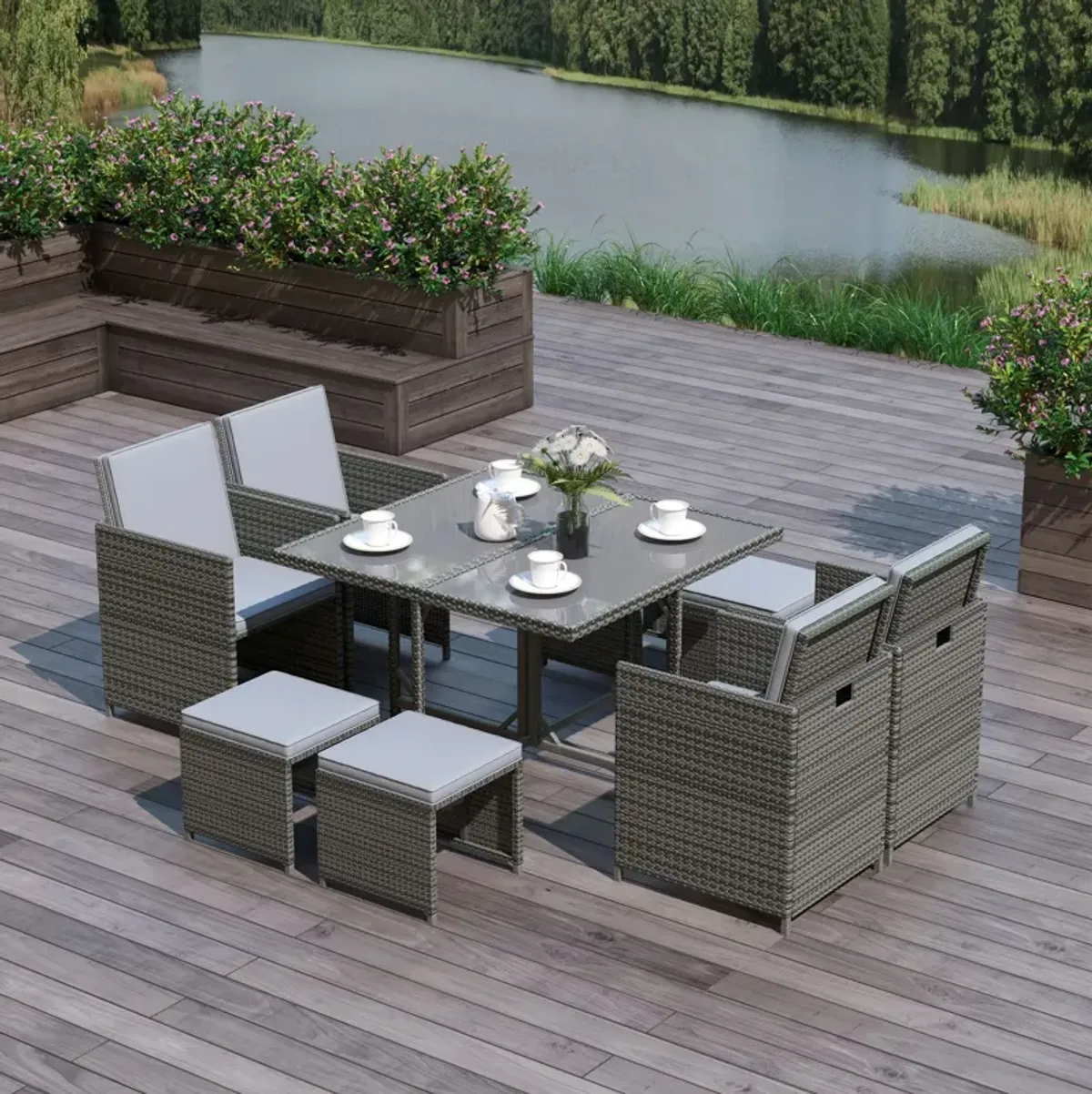 9pc Outdoor Patio Furniture Garden Wicker Dining Set Rattan Table Cushioned Seat