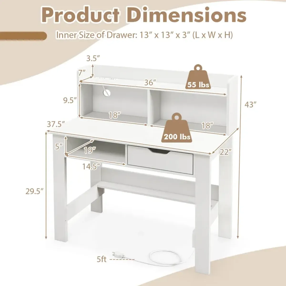 Costway Computer Desk with Power Outlets and USB Ports & Type-C Hutch Open Shelf Drawer