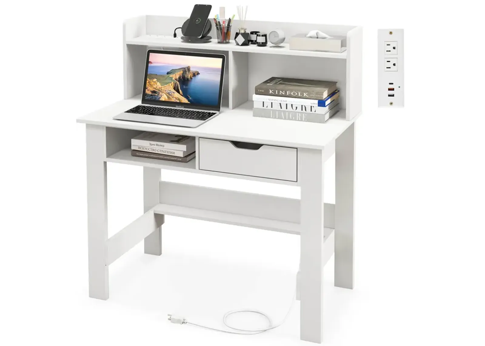 Costway Computer Desk with Power Outlets and USB Ports & Type-C Hutch Open Shelf Drawer