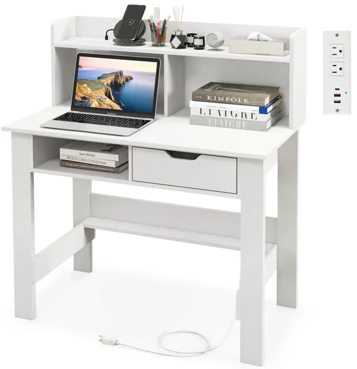 Costway Computer Desk with Power Outlets and USB Ports & Type-C Hutch Open Shelf Drawer