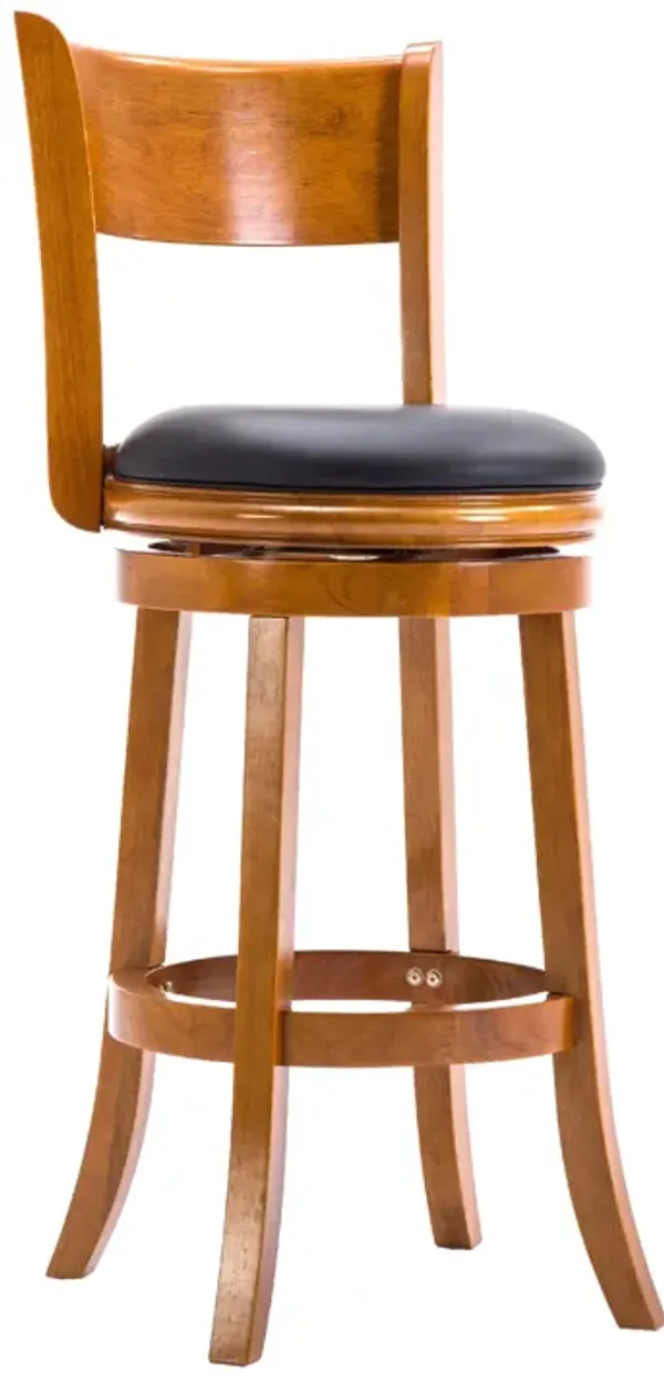 Sabi 29 inch Swivel Counter Stool, Solid Wood, Faux Leather, Brown, Black - Benzara