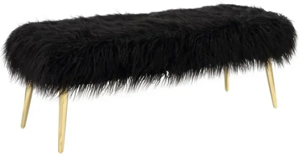 Ammy 45 Inch Bench, Black Faux Fur Padded Seat, Glam Gold Metal Finish - Benzara