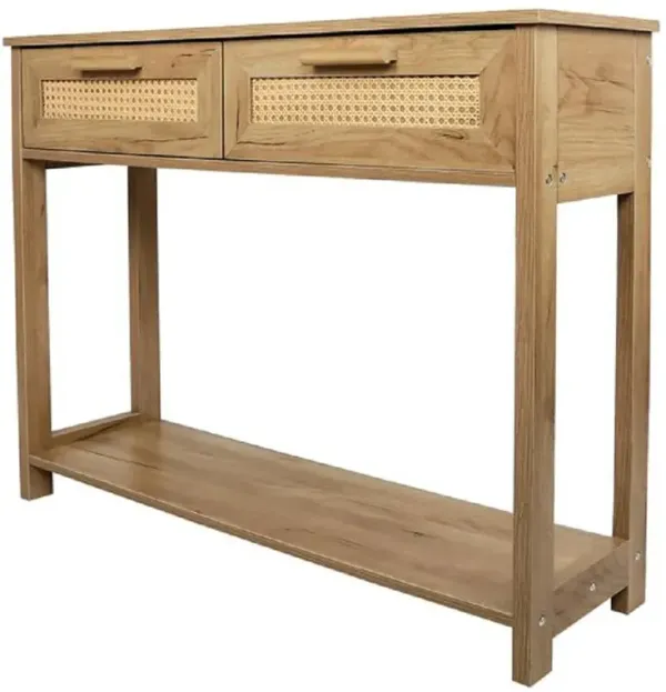 Rattan Design Console Table with 2 Drawers & Open Shelf, Narrow Entryway Table for Living Room