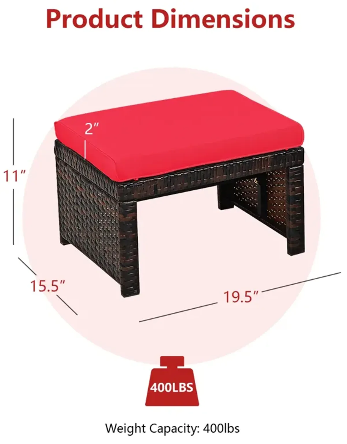 2 Pieces Patio Rattan Ottomans with Soft Cushion for Patio and Garden