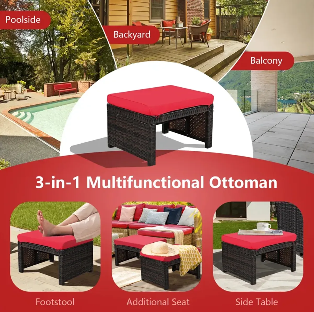 2 Pieces Patio Rattan Ottomans with Soft Cushion for Patio and Garden