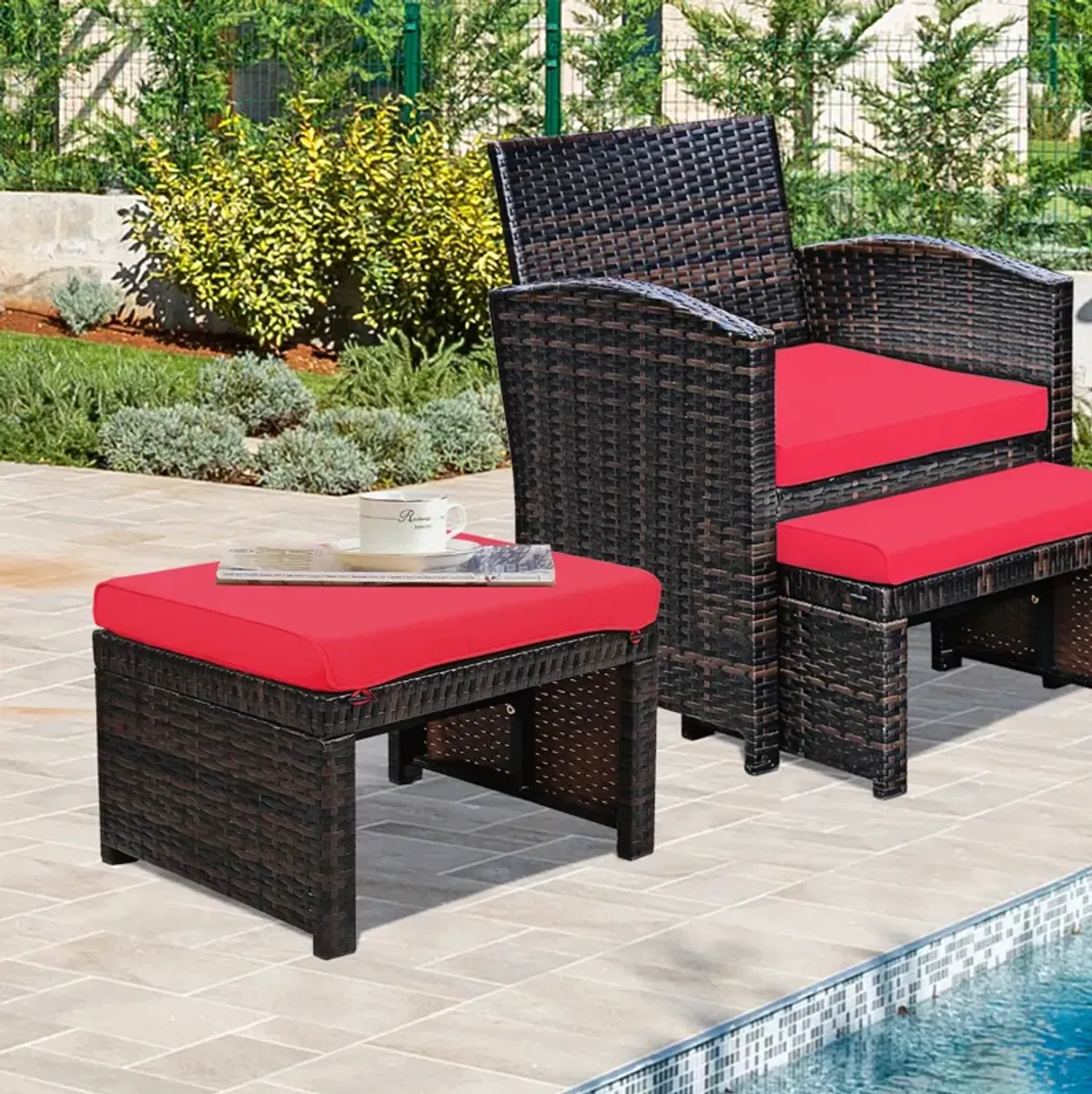 2 Pieces Patio Rattan Ottomans with Soft Cushion for Patio and Garden