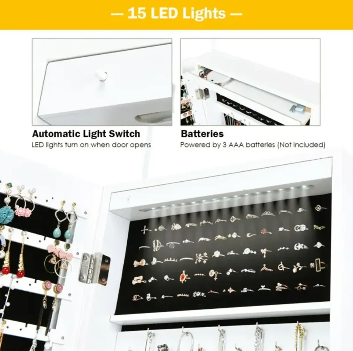 Hivvago Wall Mounted Lockable Mirror Jewelry Cabinet with LED Light