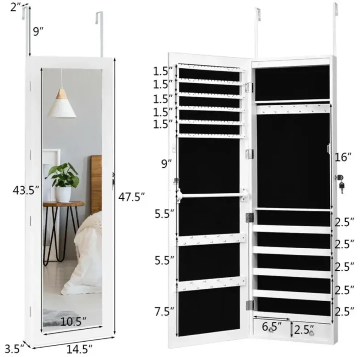 Hivvago Wall Mounted Lockable Mirror Jewelry Cabinet with LED Light