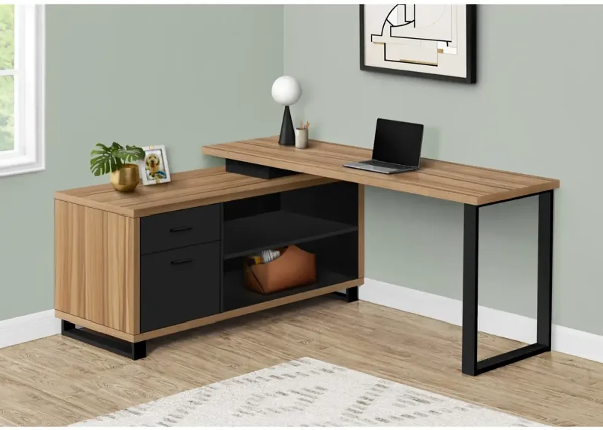 Computer Desk, Home Office, Corner, Storage Drawers, 72"L, L Shape, Work, Laptop, Metal, Laminate, Brown, Black, Contemporary, Modern