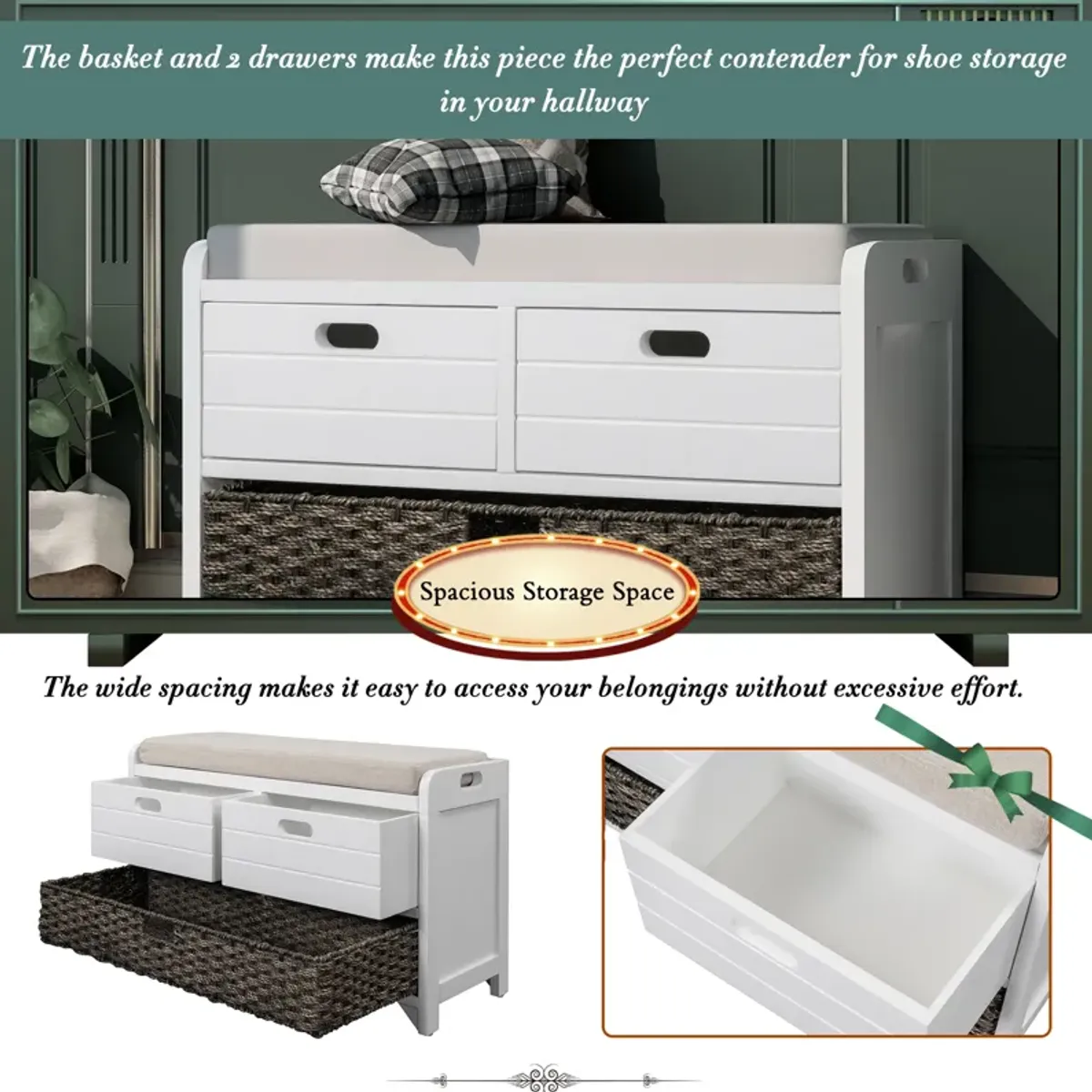 Merax Storage Bench with Removable Basket and 2 Drawers