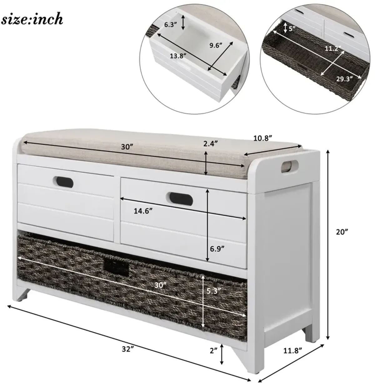 Merax Storage Bench with Removable Basket and 2 Drawers