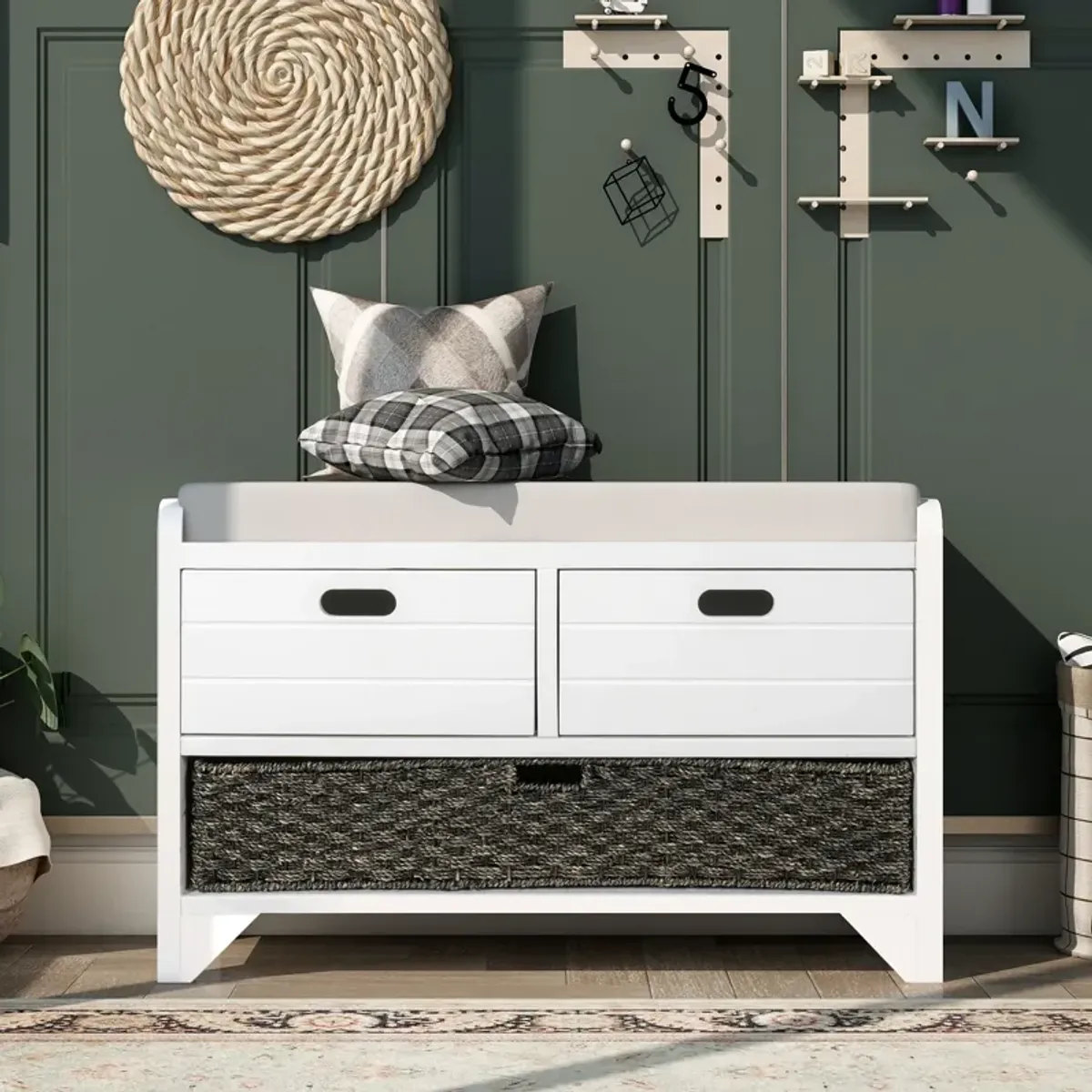 Merax Storage Bench with Removable Basket and 2 Drawers