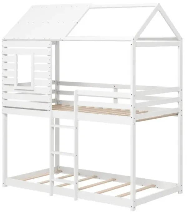 Hivvago Twin over Twin House Bunk Bed with Roof and Full-length Guardrails