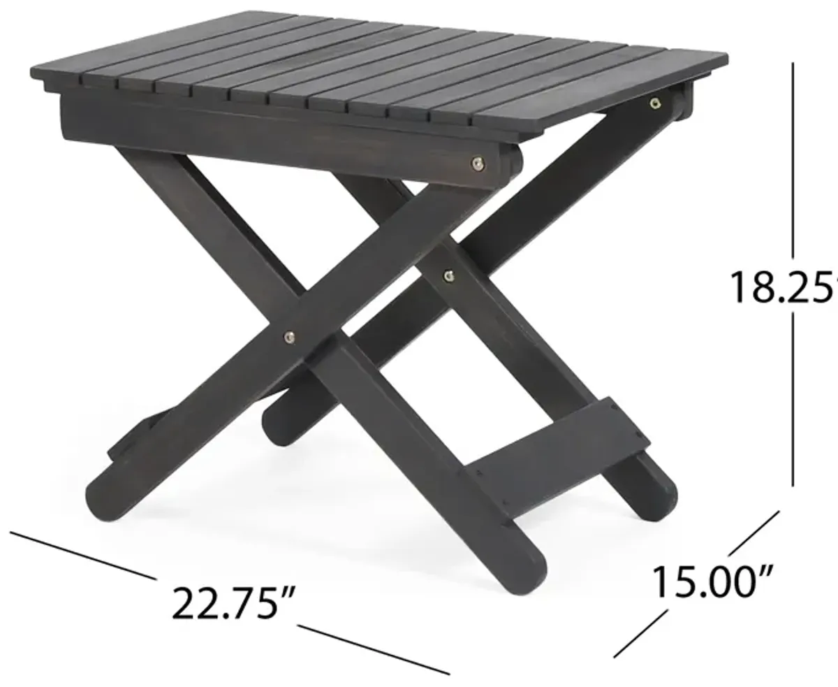 Kyre Outdoor Side Table, Foldable Slatted 23 Inch, Dark Gray Acacia Wood - Benzara