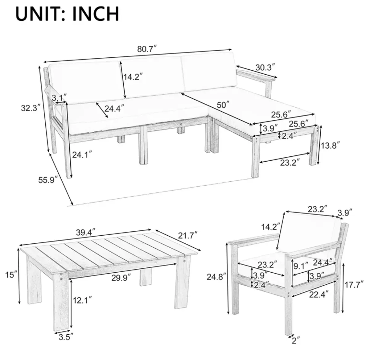 Merax 3 Pieces Outdoor Patio Set with L Shaped Couch