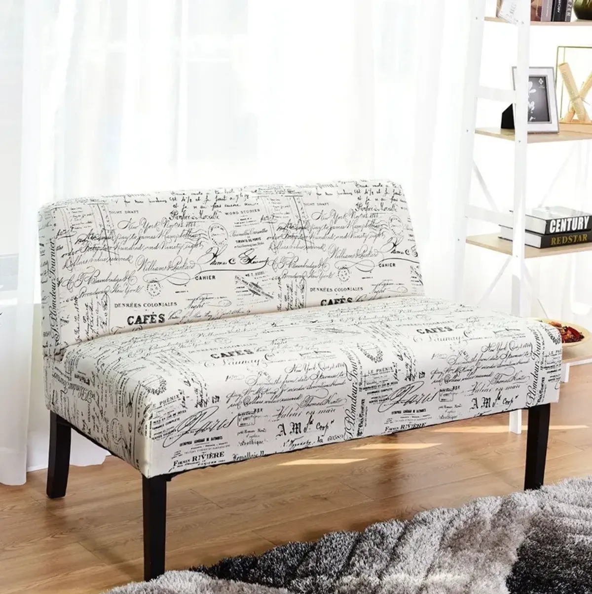 Hivvago Modern Loveseat Sofa with Off-White Cursive Pattern Upholstery and Black Wood Legs