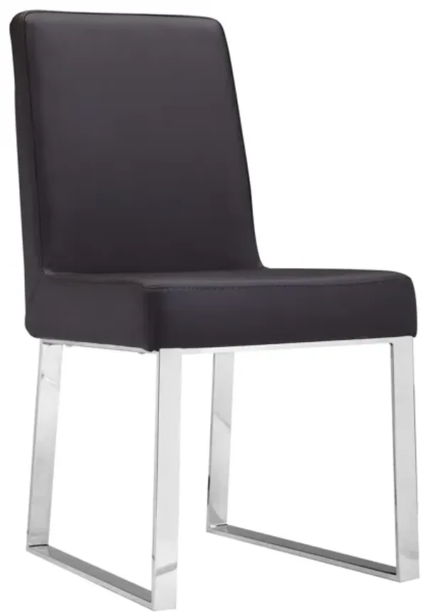 Ien 25 Inch Dining Chair Set of 2, Armless, Brown Faux Leather, Chrome - Benzara