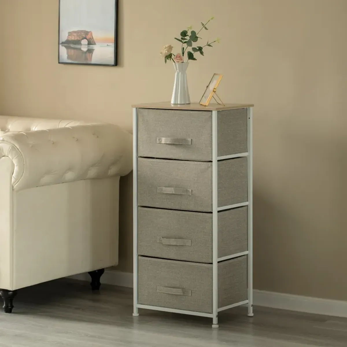 San Bins and White Frame Four Storage Night Chest and Storage Chest, Beige, 4 Drawers