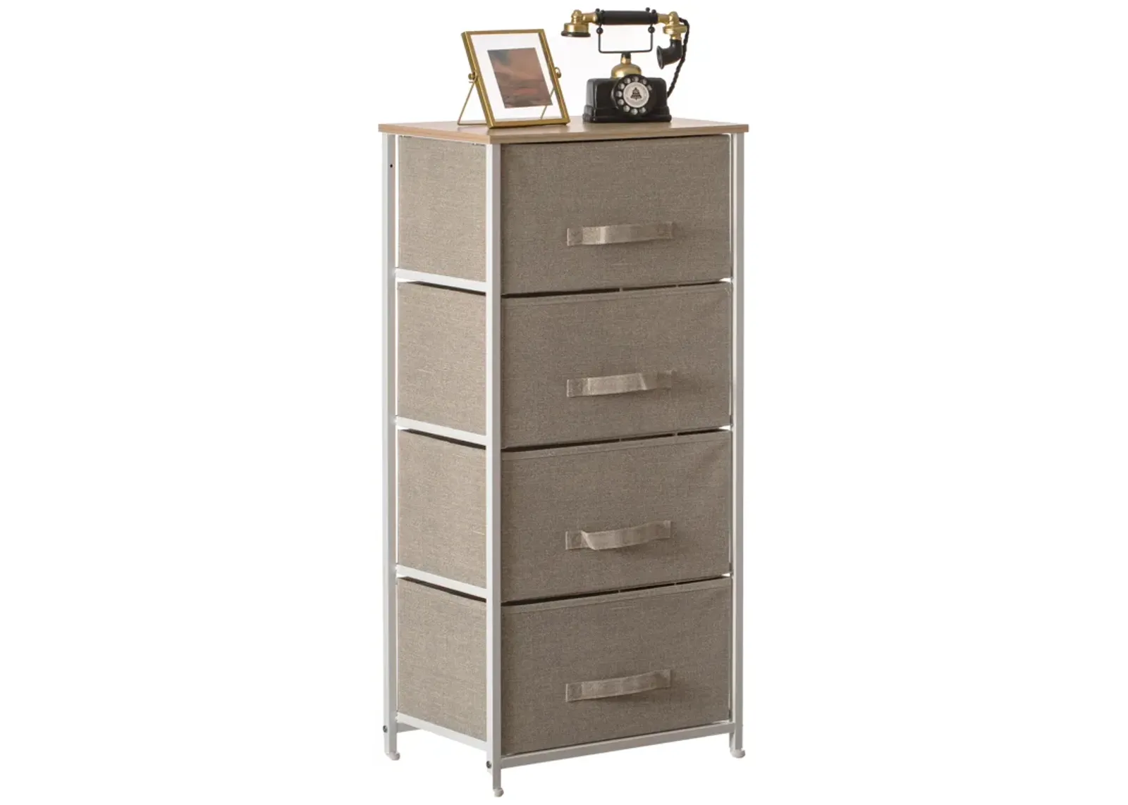 San Bins and White Frame Four Storage Night Chest and Storage Chest, Beige, 4 Drawers