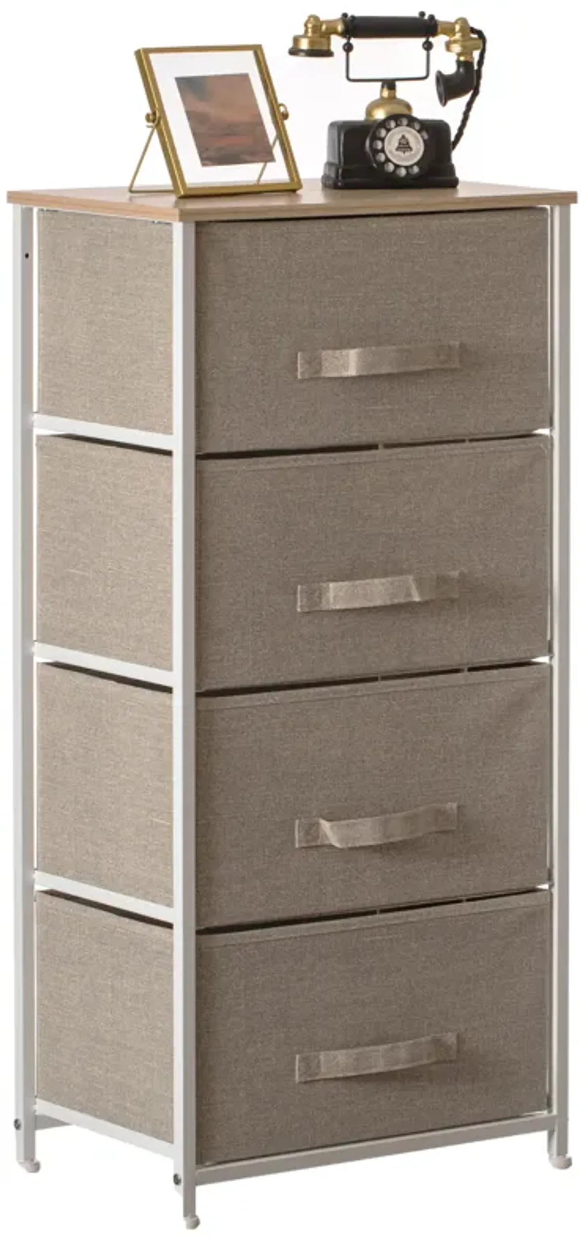 San Bins and White Frame Four Storage Night Chest and Storage Chest, Beige, 4 Drawers