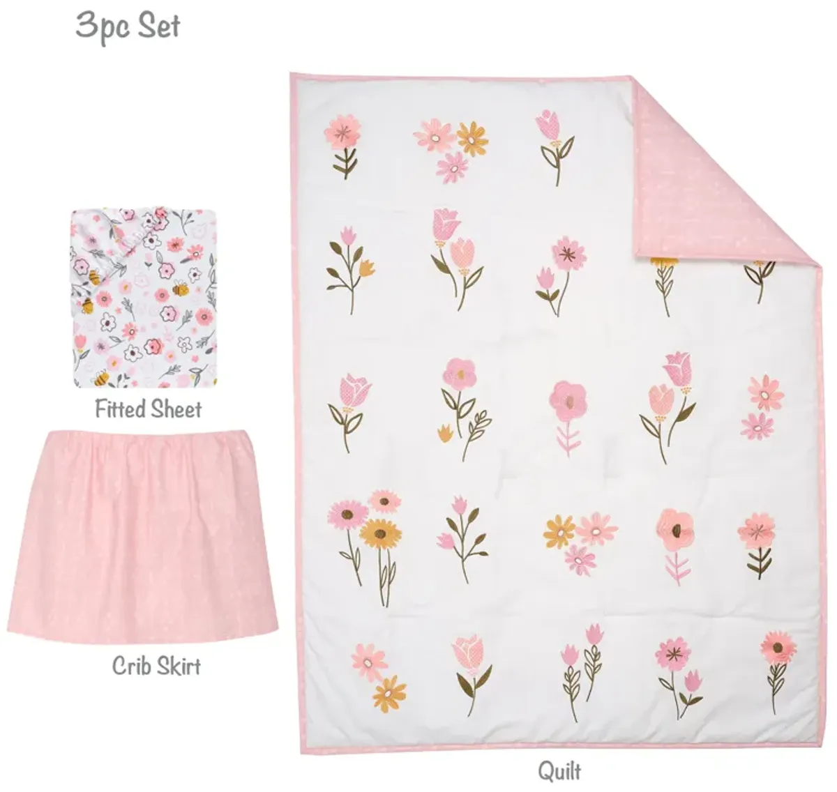 Lambs & Ivy Little Garden 3-Piece Embroidered Floral Baby Crib Bedding Set