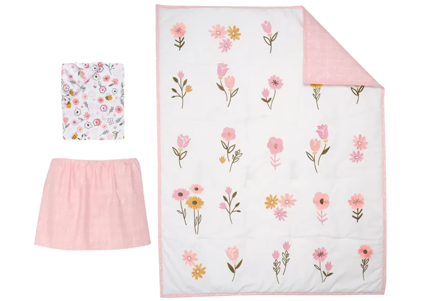 Lambs & Ivy Little Garden 3-Piece Embroidered Floral Baby Crib Bedding Set