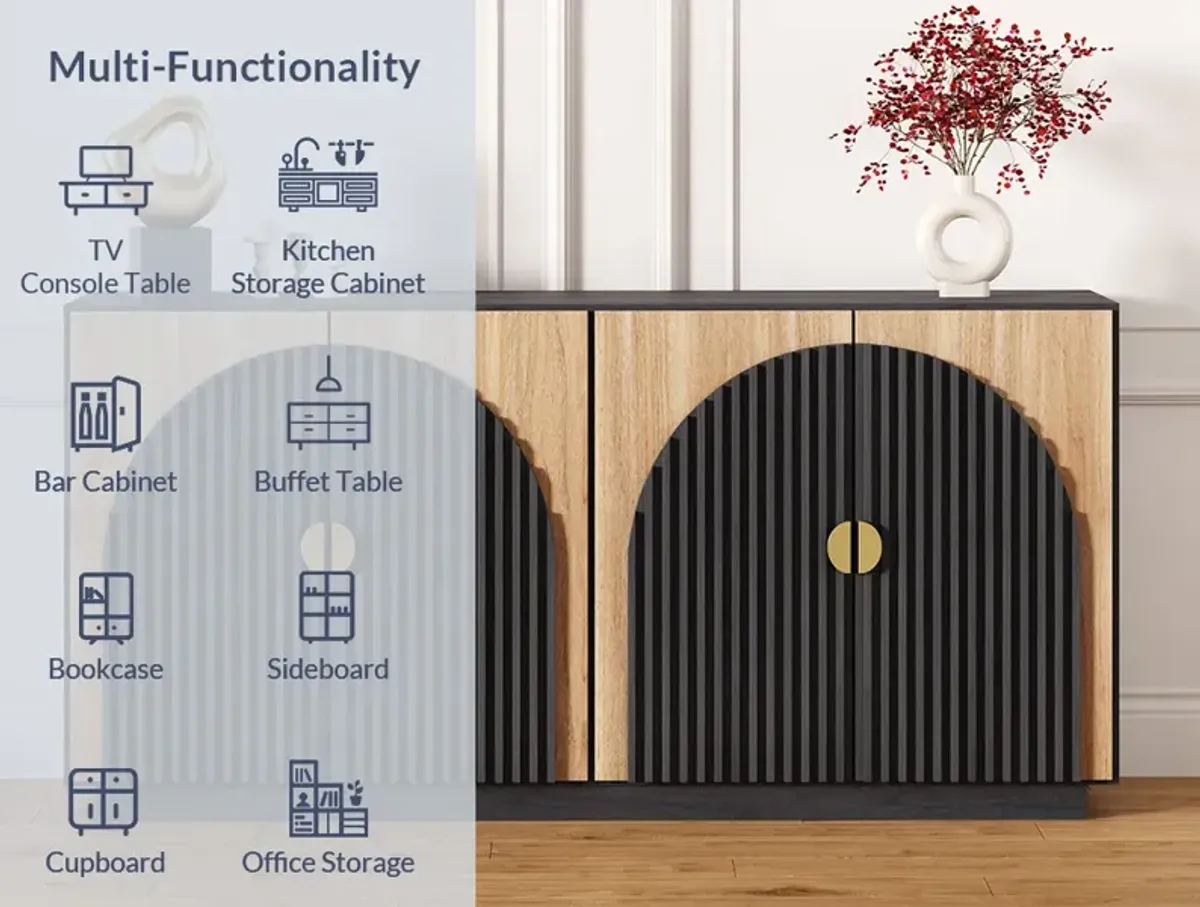 BELLEZE 65 Inch Fluted Buffet Cabinet with Storage, Symmetrical Arc Accent Sideboard Large Console Table for Dining Room, Kitchen, and Living Room (Camel)