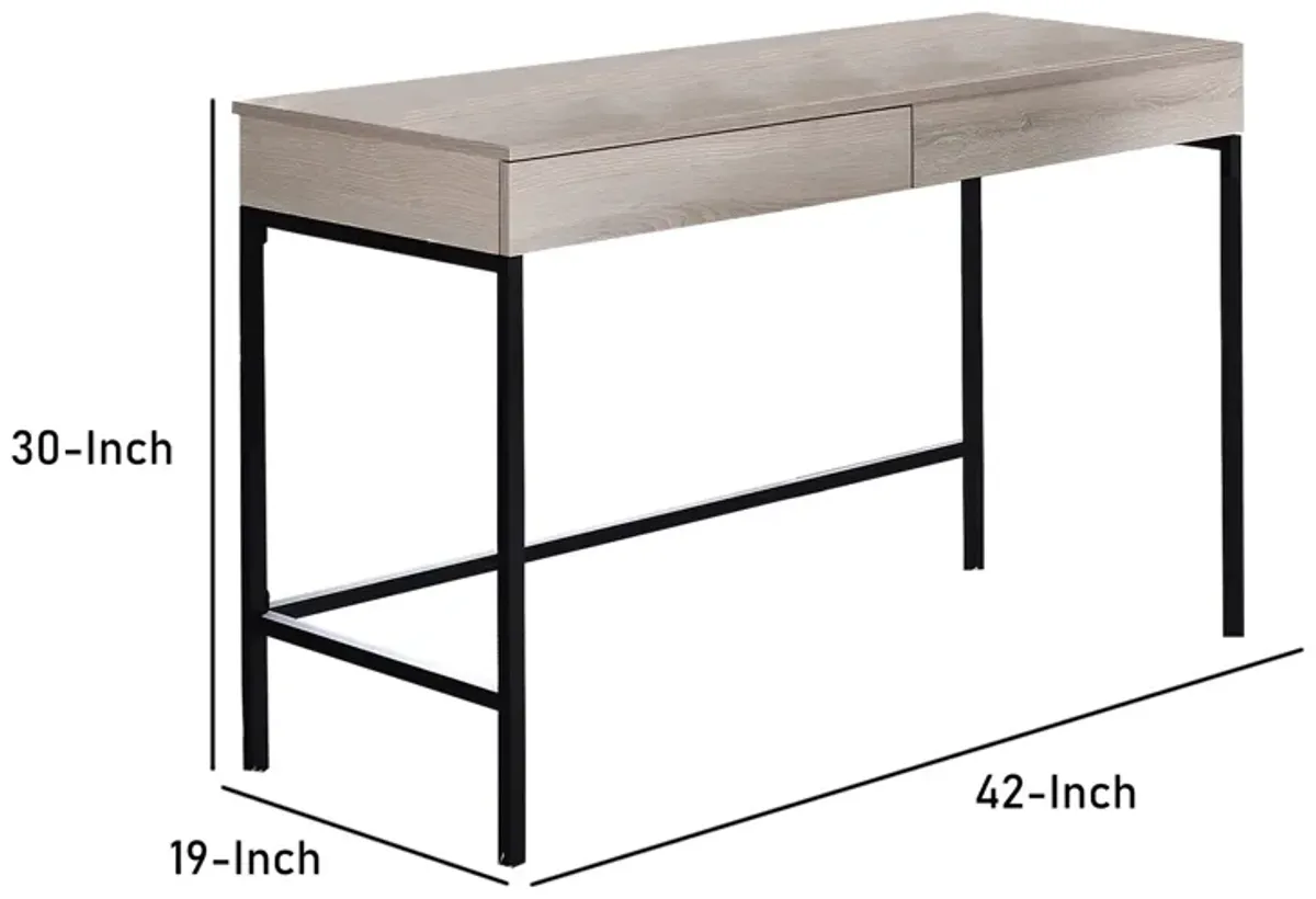 Wooden Desk with 2 Drawers and Metal Frame, Washed White and Black-Benzara