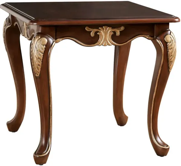 Saili Side End Table, Gold Carvings, 29 Inch, Cabriole, Tobacco Brown Wood