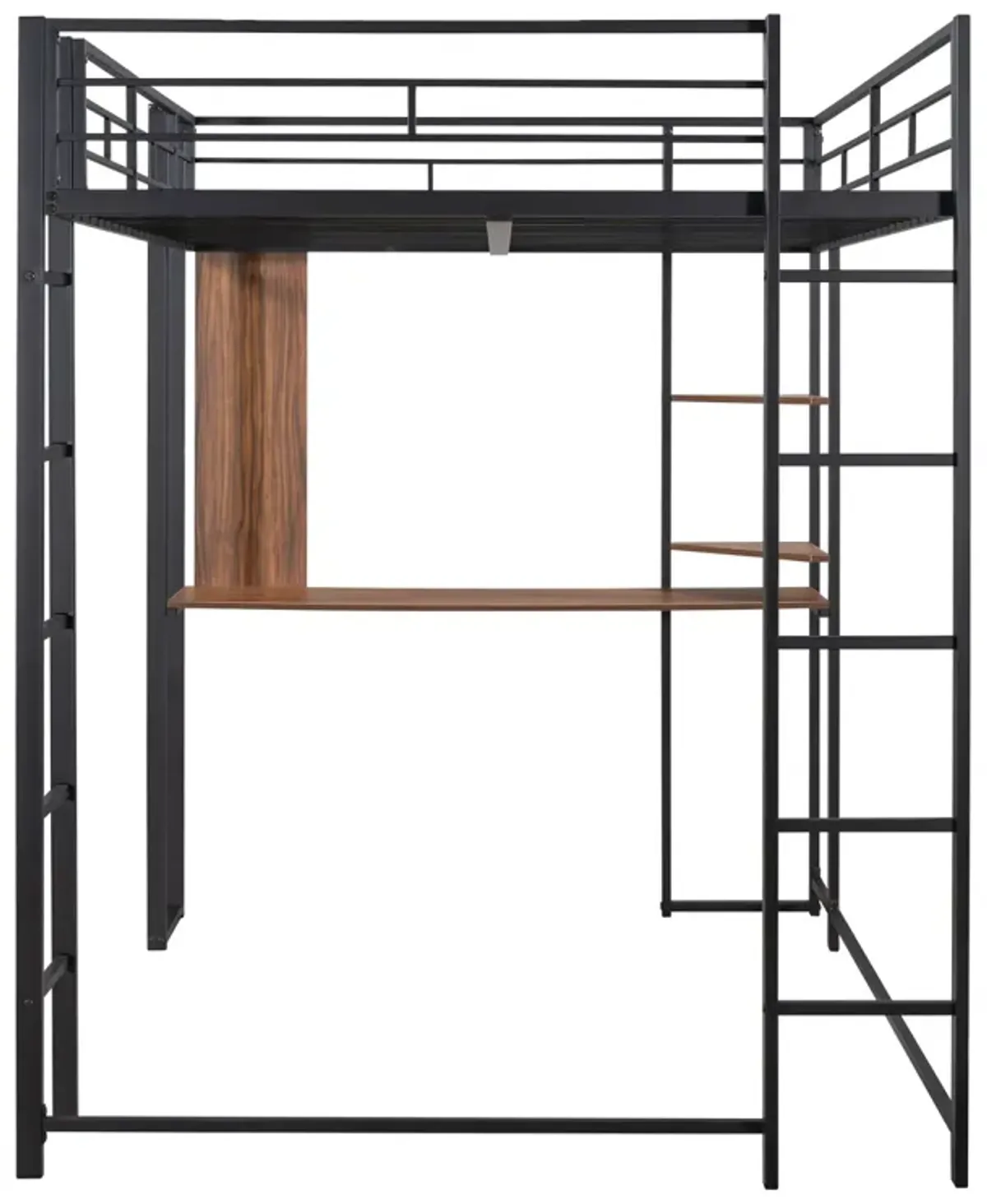 Full Size Metal Loft Bed With 2 Shelves And One Desk