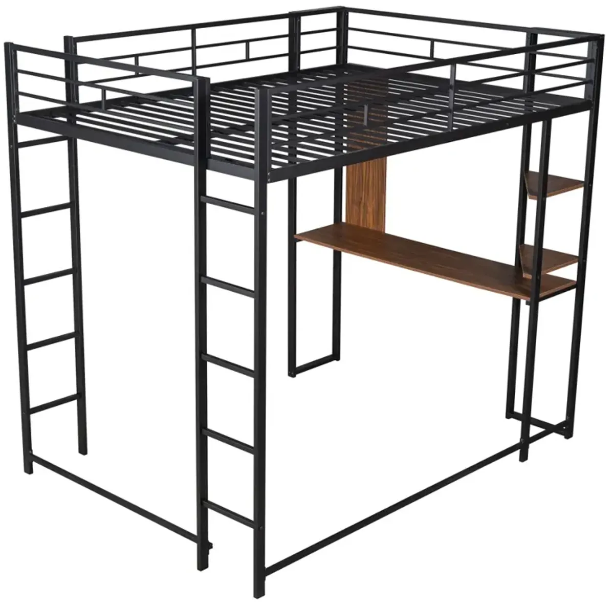 Full Size Metal Loft Bed With 2 Shelves And One Desk