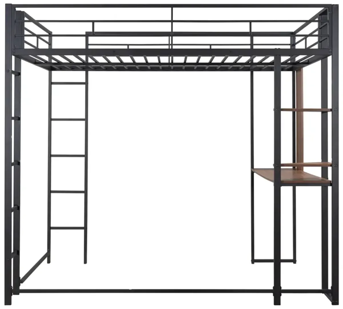 Full Size Metal Loft Bed With 2 Shelves And One Desk