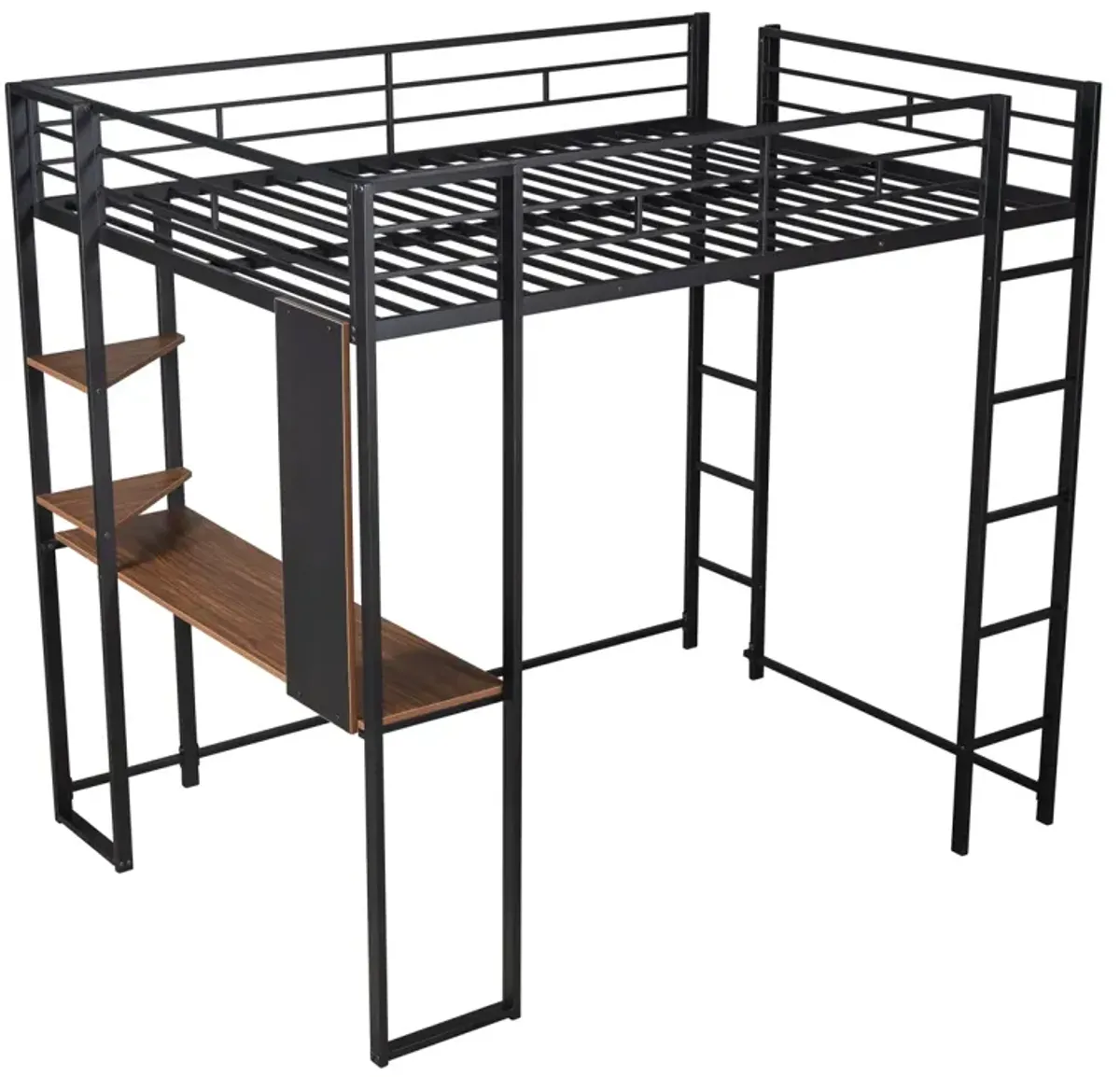 Full Size Metal Loft Bed With 2 Shelves And One Desk