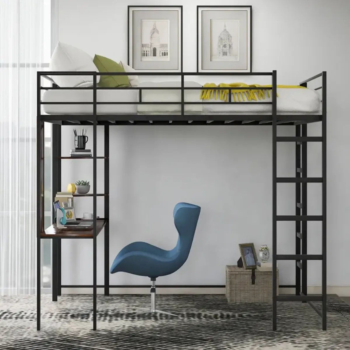 Full Size Metal Loft Bed With 2 Shelves And One Desk